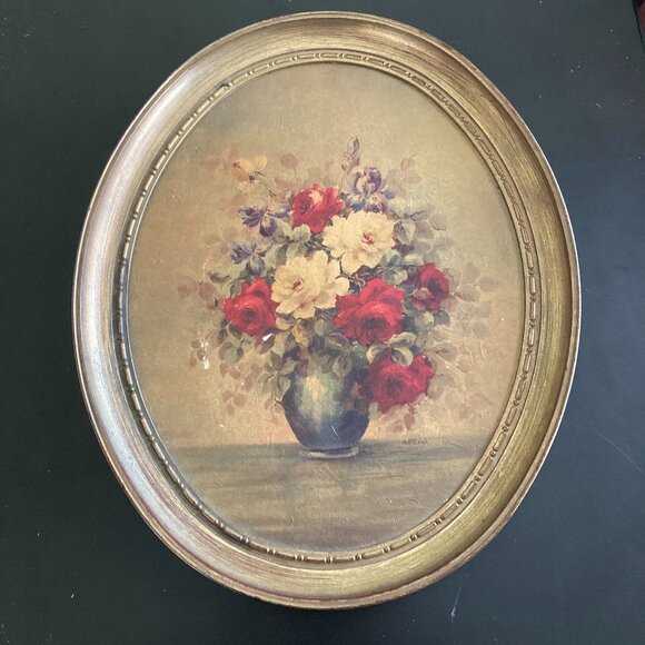 Vintage Still Life Flowers by M. DeCamp in Oval Frame